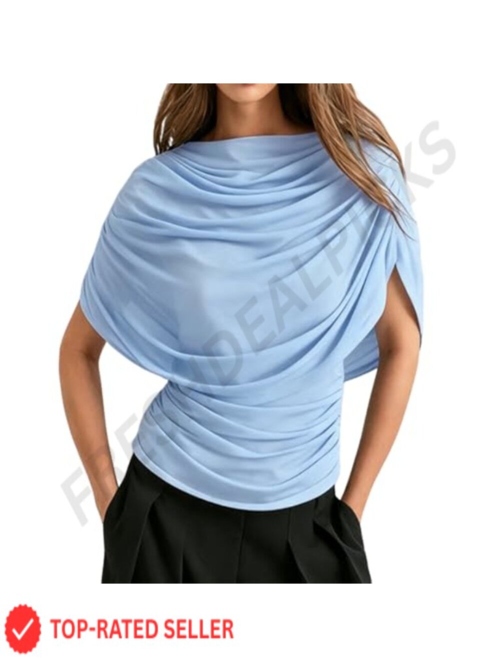 Women Dressy Sheer Mesh Panel Half Cape Sleeve Ruched Waist Blouse